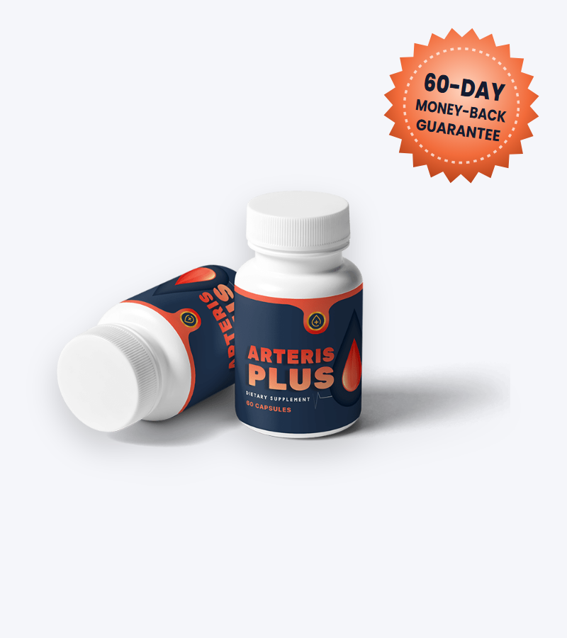 Arteris Plus blood pressure support supplement bottles, 60 capsules, with 60-day money-back guarantee